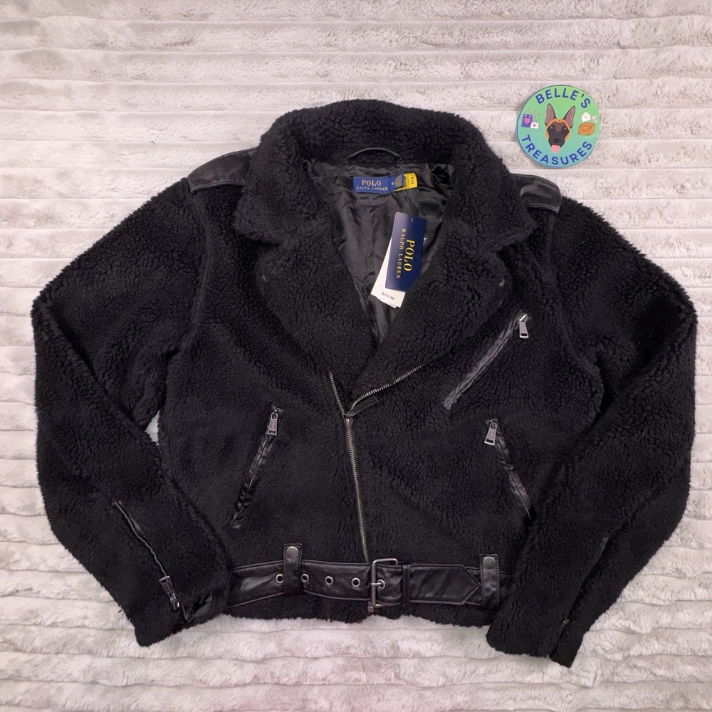 Polo Ralph Lauren Moto Jacket Women's Medium Fleece Sherpa Biker‎ Black NEW $395